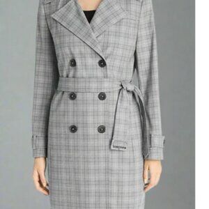 Elie Tahari Plaid Trench Coat Double Breasted Size Large Grey Preppy Classic